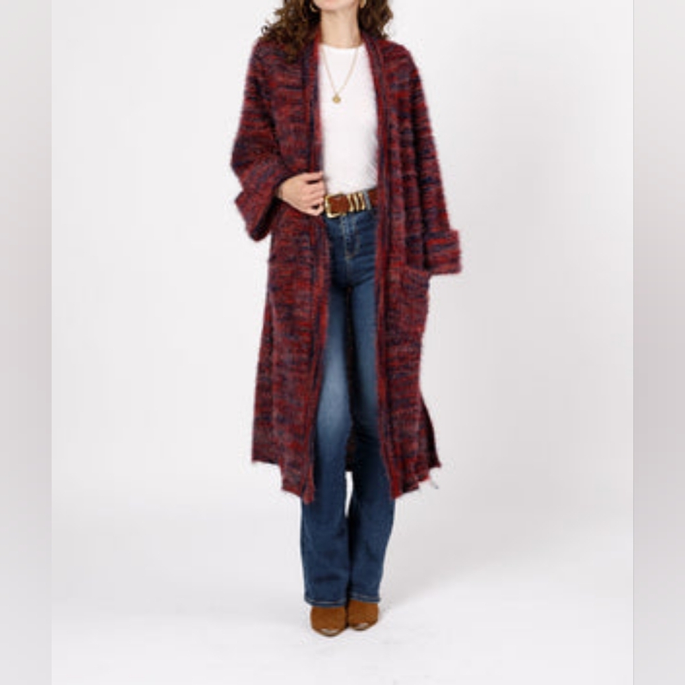 SUNSET BLVD RED MIXED KNIT DUSTER SWEATER SIZE M